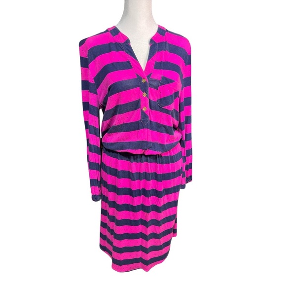 Lilly Pulitzer Beckett Dress Size Small Mambo Pink Blue Stripe Knee Length - Picture 2 of 10